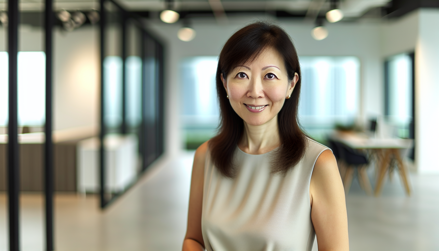 A high-quality professional photograph of a 37-year-old Singaporean chinese female personal life coach, captured in a modern office environment. She is smiling warmly with an approachable and welcoming demeanor. The image should have the aesthetic of a photo taken with a Canon EOS 5D Mark IV DSLR camera, using a 50mm f/1.2L lens. Ensure soft, natural lighting coming from large windows, creating a gentle glow on her face and even skin tones. The office features minimalist decor with clean lines and neutral tones. The subject should be slightly angled toward the camera, maintaining direct eye contact to evoke trust and friendliness.